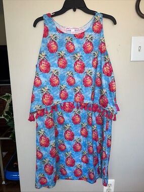 Girls Pineapple Print Pajama Set with Pink Tassel Trim - Blue
